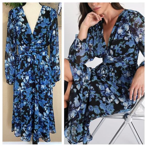 Lulus Dresses & Skirts - NWOT Lulus Impressive Charm Black Multi Floral Print Long Sleeve Midi Dr…
